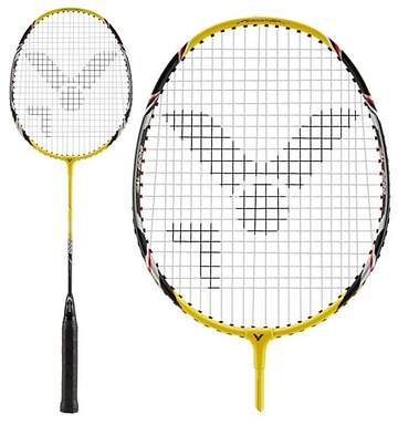 A durable Victor AL-2200 badminton racket in black and yellow, featuring a distinct logo on the stringing and a black grip, is showcased. The product is displayed with both a full view and a close-up of the head.