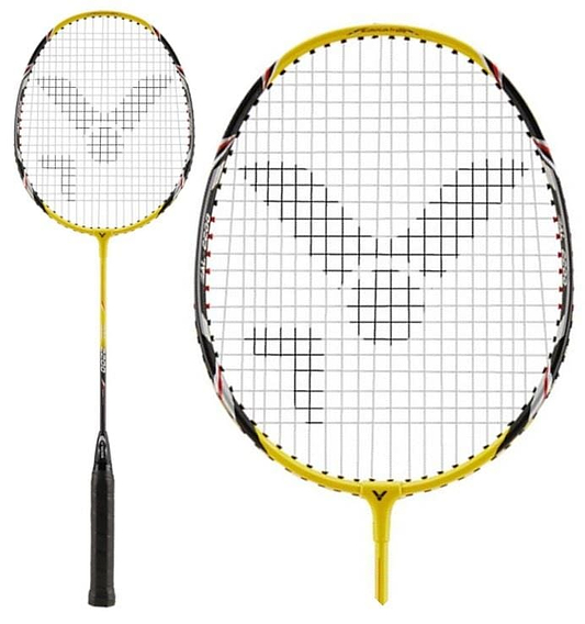 A durable Victor AL-2200 badminton racket in black and yellow, featuring a distinct logo on the stringing and a black grip, is showcased. The product is displayed with both a full view and a close-up of the head.