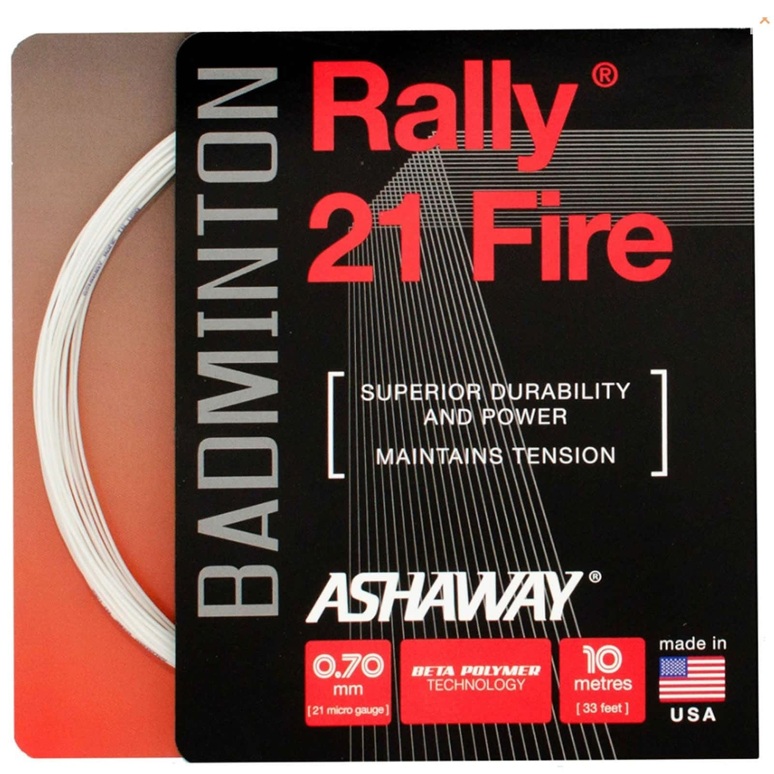 Here's an image of the Ashaway Rally 21 Fire badminton string packaging, designed for the all-round player. The bold red and black background emphasizes its features: "Superior Durability and Power, Maintains Tension," thanks to its BETA polymer technology. The packaging includes details such as string thickness (0.70mm), length (10m), and proudly displays the "Made in USA" label.

