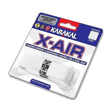The packaging for the Karakal X-AIR Replacement Badminton Grip - White highlights a cushioned grip with a breathable, self-adhesive surface designed for superior comfort and control. The white grip is elegantly showcased in a clear plastic cover, with prominent Karakal branding and product details.