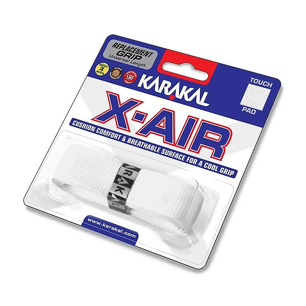 The packaging for the Karakal X-AIR Replacement Badminton Grip - White highlights a cushioned grip with a breathable, self-adhesive surface designed for superior comfort and control. The white grip is elegantly showcased in a clear plastic cover, with prominent Karakal branding and product details.