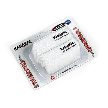 The Karakal Badminton Wrist Band (Twin Pack) - White comes with absorbent cotton wristbands arranged on a sleek card backing, which highlights the brand's website and the slogan "Evolution by Design." These white wristbands also feature an embroidered logo for enhanced style.