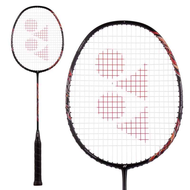The Yonex Astrox 22 LT Badminton Racket in Black and Red is a lightweight, aggressive power racket. Its design includes a black handle with red accents on the frame, and it is enhanced by Nanomesh Neo technology. The racket's strings display a striking red geometric logo pattern.