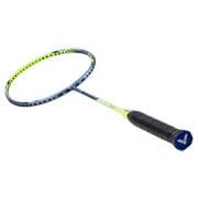 The Victor Drive X Light Fighter 60 Badminton Racket by Victor features a black grip, slim shaft, blue and yellow frame, and head heavy balance, all displayed against a white background.