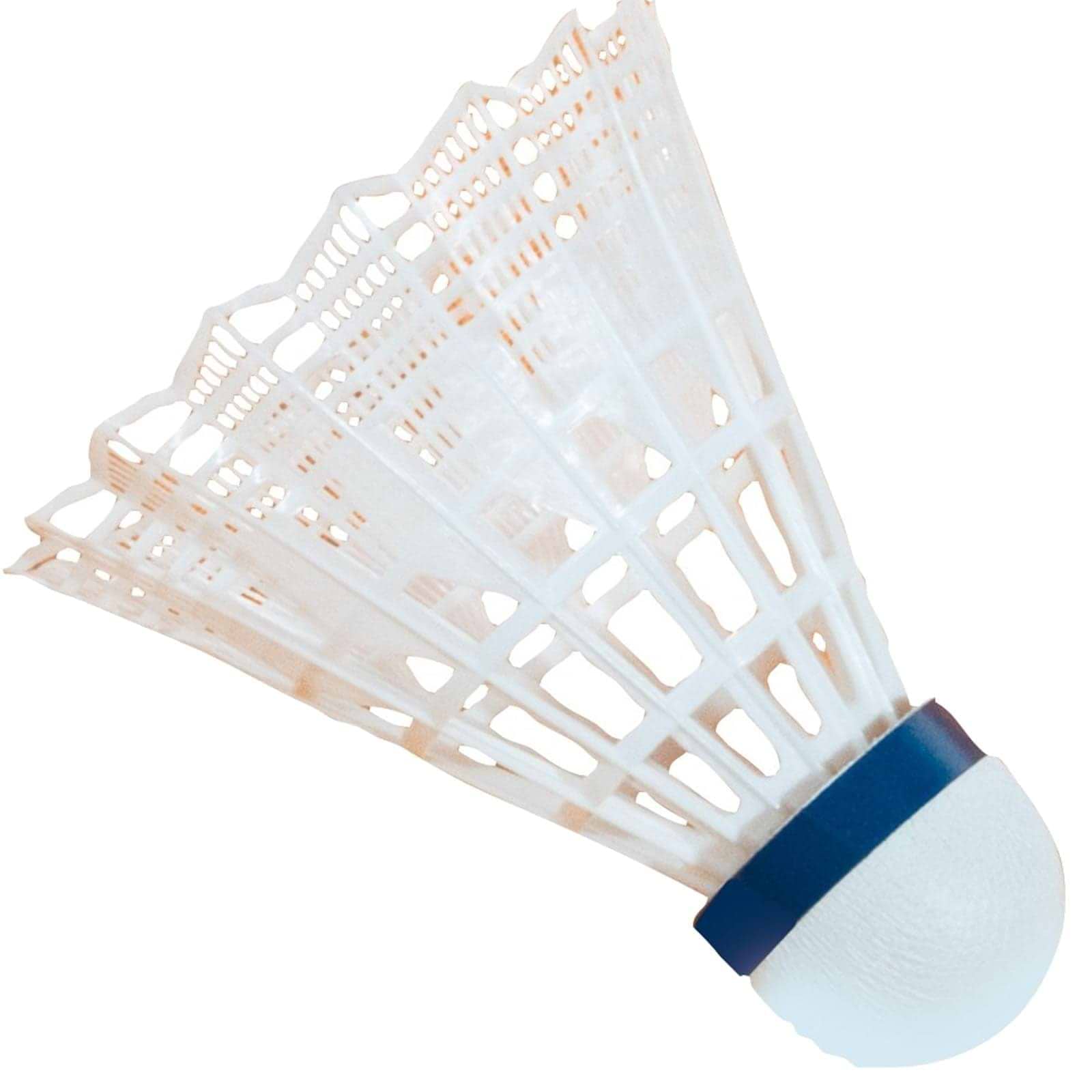 A close-up image of a VICTOR 1000 Nylon White Badminton Shuttlecock by Victor, featuring a blue band. The detailed, intricate skirt design highlights its perforated pattern, which enhances playability and ensures a steady flight curve.