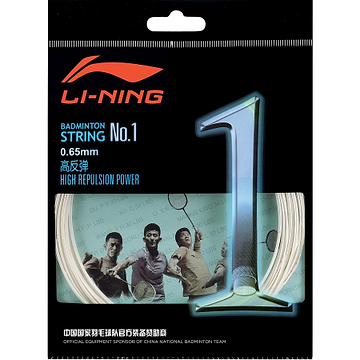 The packaging for the Li-Ning No.1 String Set (10m) - White features an eye-catching design with three badminton players and highlights "0.65mm Thin Gauge" and "High Repulsion Power" to ensure excellent tension maintenance.