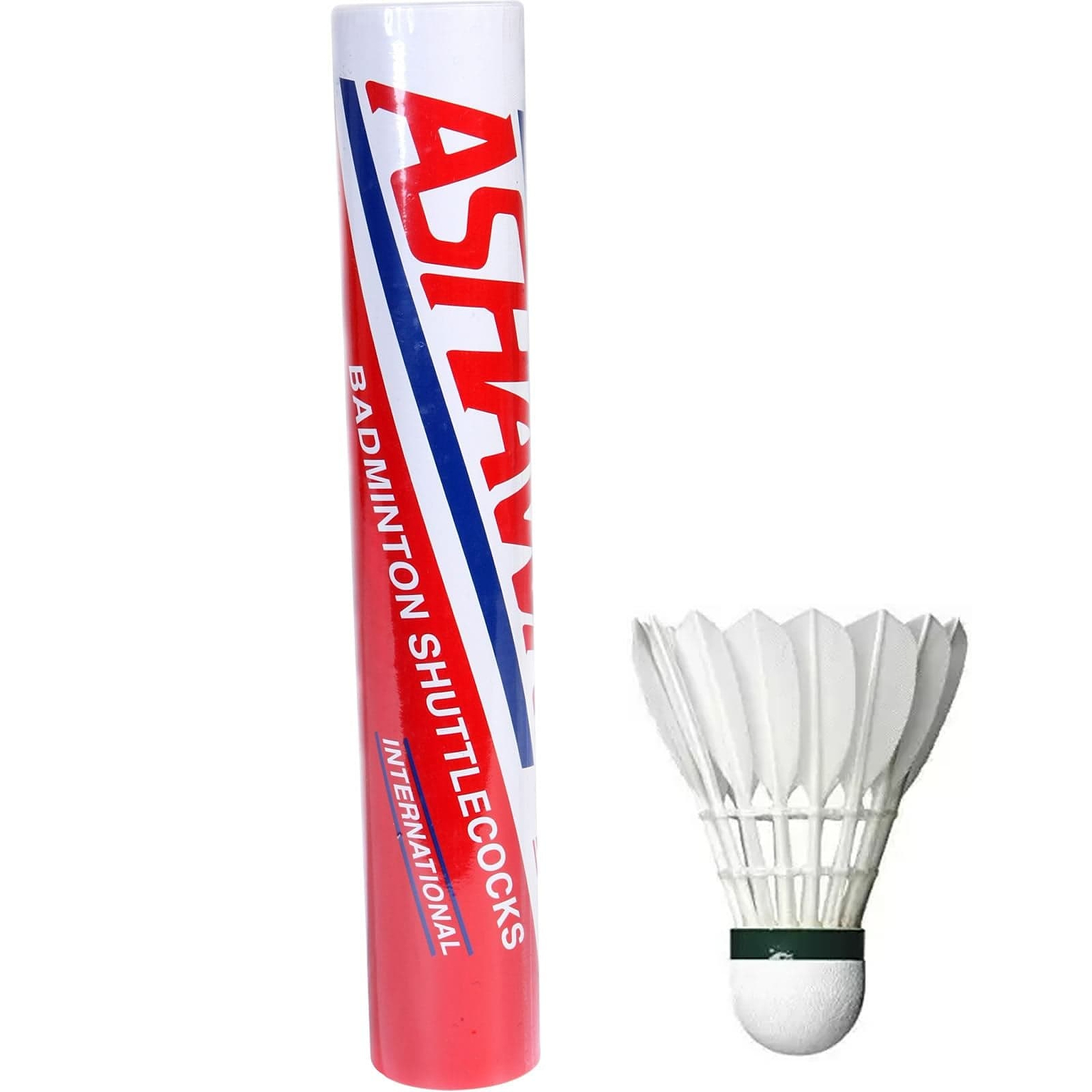 A tube labeled "Ashaway International Feather Shuttles / Shuttlecocks - Set of 12" stands upright, accompanied by a single white shuttlecock made with a quality cork base and premium goose feathers. The tube's red, blue, and white design showcases its ideal creation for badminton enthusiasts.