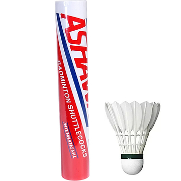 A tube labeled "Ashaway International Feather Shuttles / Shuttlecocks - Set of 12" stands upright, accompanied by a single white shuttlecock made with a quality cork base and premium goose feathers. The tube's red, blue, and white design showcases its ideal creation for badminton enthusiasts.
