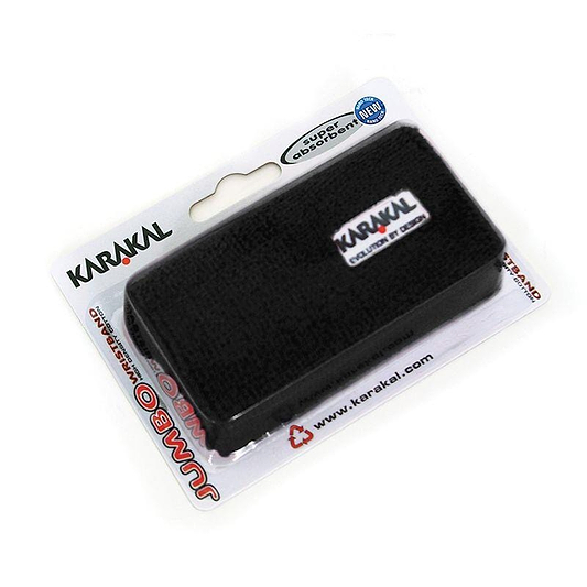 The Karakal Jumbo Badminton Wrist Band - Black, made from super absorbent cotton, is available in a stylish black color. It comes packaged in a clear plastic cover with "Super Absorbent" highlighted on the label, along with brand and website information elegantly displayed on the card backing.