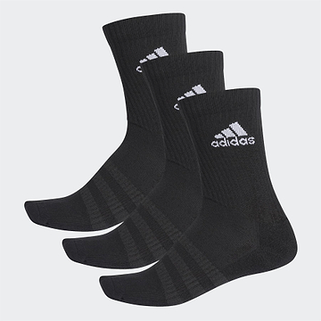 A pack of three pairs of black Adidas Cushion Crew Sports Socks, each showcasing the iconic white adidas logo on the ankle for an athletic appearance. These socks have ribbed tops for a comfortable and secure fit and are displayed against a light gray background.