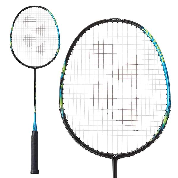 Two views of the Yonex Astrox E13 Badminton Racket - Black / Blue: one displays the complete side profile, while the other focuses on a close-up of its circular head. This racket from Yonex boasts a head-heavy balance, featuring a black handle, a blue and green shaft, and a black frame with string pattern.