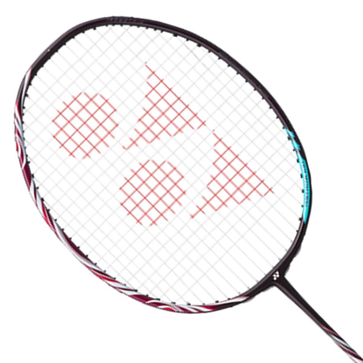 The Yonex Astrox 100 ZZ Kurenai badminton racket in Crimson Red boasts a distinct ISOMETRIC black frame with strings adorned by an eye-catching red triangular logo, accompanied by a Hyper Slim Shaft to boost performance.