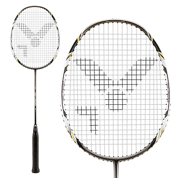The Victor G-7500 Badminton Racket, crafted by Victor, features a curved shaft and a black grip. Its head is strung with Ashaway Rally 21 Fire strings in an impressive "V" pattern. This full carbon racket for beginners displays elegant details in black, white, and gold from various angles.