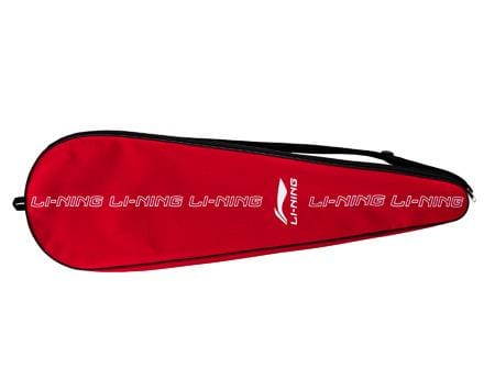 A Li-Ning branded badminton racket cover in black and red, featuring black edges and a strap, with the logo and brand name printed in white along the side. This cover incorporates a Dynamic-Optimum Frame design, making it ideal for protecting your high-performance 3D Calibar 300 Boost racket.