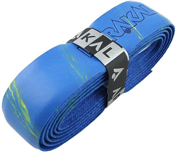 The Karakal PU Badminton Super Grip Marble Effect Single in blue/yellow, secured with a black and white branded band, is ideal for all racket sports.
