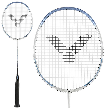 A close-up of the Victor Auraspeed 9A Badminton Racket - White, ideal for beginner or intermediate players, highlights its white frame with black strings and a unique black pattern at the center. The textured black handle is presented from two distinct angles.