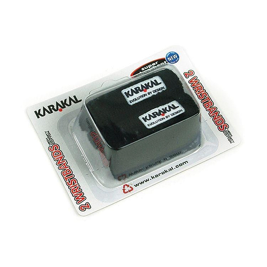The packaging displays a twin pack of black Karakal wristbands, ideal for badminton fans. Made from super absorbent cotton, the white packaging includes bold red text stating "2 Wristbands.