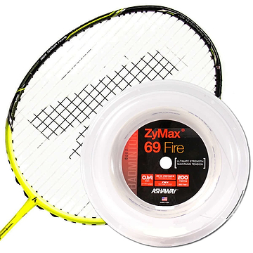 A badminton racket featuring a yellow frame is combined with Ashaway's Zymax 69 Fire Badminton String in white, noted for its durability and capacity to endure extreme tensions, as specified on the label.