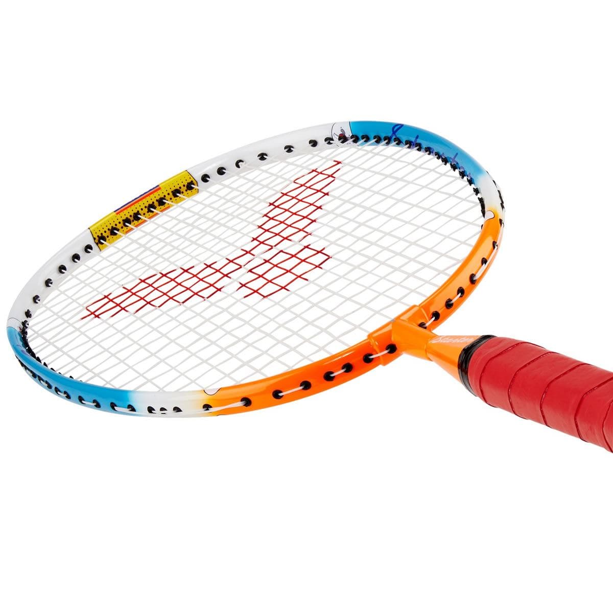 A detailed view of the Victor Starter Junior Badminton Racket by Victor showcases its teardrop-shaped head with a vibrant multicolored frame. The durable Lawntex strings, in red, match the vividly colored red grip, while the frame beautifully fades between blue, orange, and white hues.