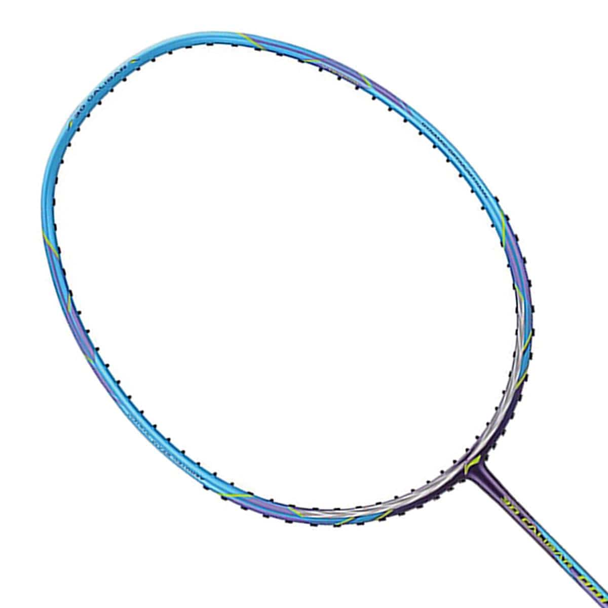 A close-up image of the Li-Ning 3D Calibar 001 Drive badminton racket showcases its blue and purple frame with black stringing. This head-heavy racket from Li-Ning features a sleek design, highlighting the intricate string pattern for enhanced head speed.