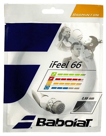 The packaging of the Babolat iFeel 66 Badminton 10m String Set in Black showcases abstract graphics and icons, along with images of people playing badminton. These premium strings, produced by Babolat, have a thickness of 0.66 mm and are crafted to elevate your game with precision and style.