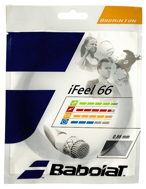 The packaging of the Babolat iFeel 66 Badminton 10m String Set in Black showcases abstract graphics and icons, along with images of people playing badminton. These premium strings, produced by Babolat, have a thickness of 0.66 mm and are crafted to elevate your game with precision and style.