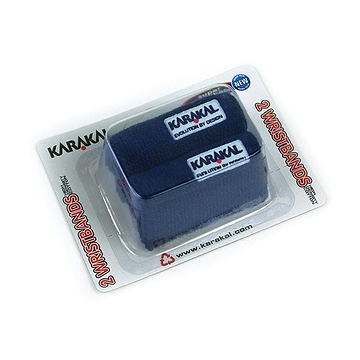 The packaging of the Karakal Badminton Wrist Band (Twin Pack) - Navy is displayed in a clear plastic container. Each wristband features an embroidered Karakal logo and is crafted from super absorbent cotton, ensuring comfort and performance. The package is labeled "2 WRISTBANDS.