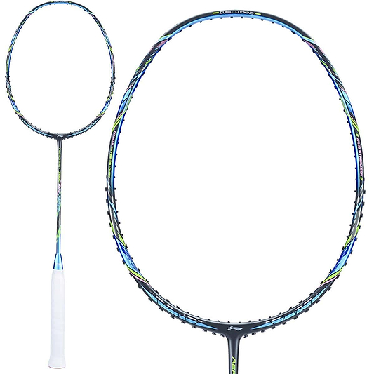The Li-Ning Aeronaut 7000 Boost badminton racket, in a striking black and blue color scheme, features a sleek design complemented by a white grip. It's ideal for players who prioritize precision and control, with hidden strings that enhance its overall aesthetic appeal.