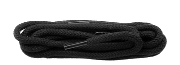 A neatly coiled Shoestring Cord 5mm Badminton Shoe Lace in black, featuring plastic aglets on both ends, is perfect as replacement laces for your favorite footwear, isolated on a white background.