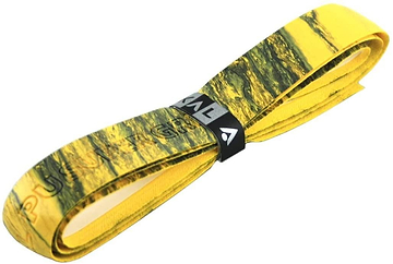 The Yellow Karakal PU Badminton Super Grip Marble Effect Single is a textured bicycle handlebar tape coiled and secured with a black band featuring the Karakal brand name and logo, boasting a super grip inspired by their expertise in racket sports.