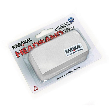 A packaged Karakal Badminton Headband - White, branded with the Karakal name, displays a label stating "Super absorbent," highlighting its construction from high-density, super absorbent cotton. The packaging incorporates the website information and an embroidered logo, along with a subtle recycling symbol positioned in the corner.