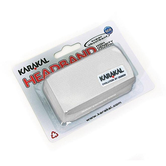 A packaged Karakal Badminton Headband - White, branded with the Karakal name, displays a label stating "Super absorbent," highlighting its construction from high-density, super absorbent cotton. The packaging incorporates the website information and an embroidered logo, along with a subtle recycling symbol positioned in the corner.