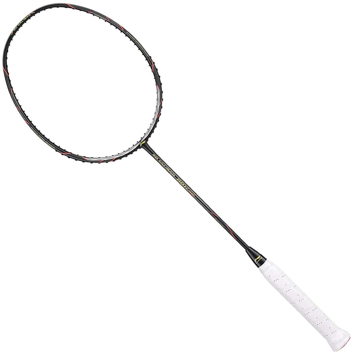 Image of the Li-Ning 3D Calibar 001 Combat Badminton Racket - Black, showcasing its black and red frame with the Dynamic-Optimum Frame technology, and a white grip handle, set against a plain white background.