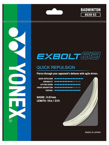 The Yonex Exbolt 63 Badminton String White packaging displays a striking combination of blue, green, and black colors, with bold text highlighting its "quick repulsion." This thin gauge badminton string has a diameter of 0.63 mm and is available in a 10 m pack. It prominently features the Yonex logo along with a "Made in Japan" label.