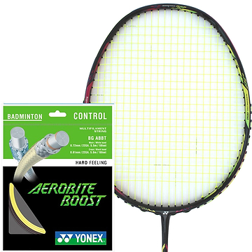 A Yonex Aerobite Boost Badminton String featuring a vibrant yellow tone is displayed next to its packet, which emphasizes its "hard feeling" and "BG AB BT" qualities through detailed visuals and text, showcasing the precision Yonex strings are known for.