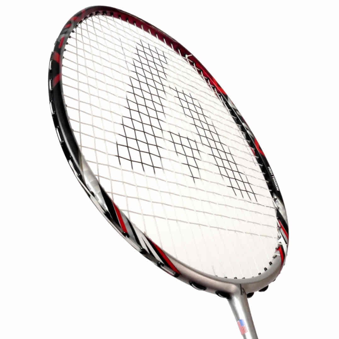 Close-up of an Ashaway Superlight 7 Hex Badminton Racket - Silver Red, angled upward, showcasing the advanced graphite layers. The strings form a crisscross pattern on the predominantly silver frame with black and red accents, highlighting its sleek Hex Frame technology.