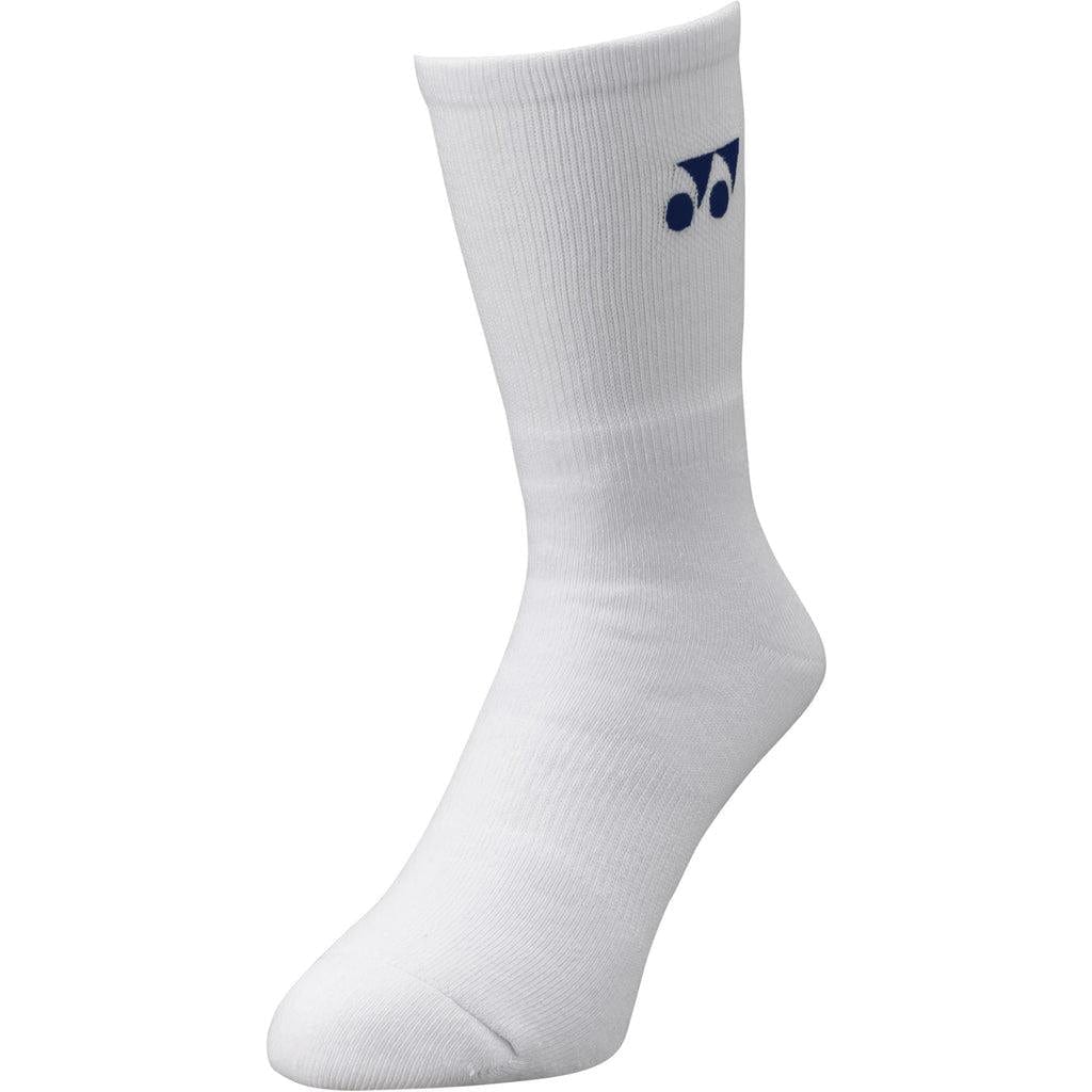 A single Yonex 19120YX 3D ERGO Crew White Badminton Sock, featuring an ergonomic design with superior cushioning, includes a blue logo near the top.
