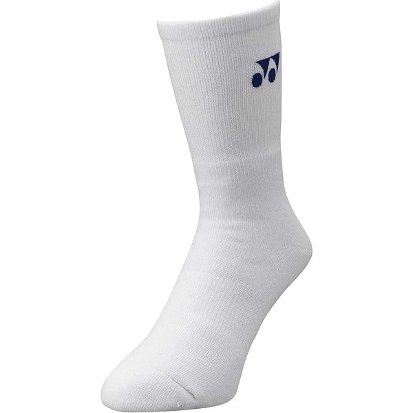 A single Yonex 19120YX 3D ERGO Crew White Badminton Sock, featuring an ergonomic design with superior cushioning, includes a blue logo near the top.