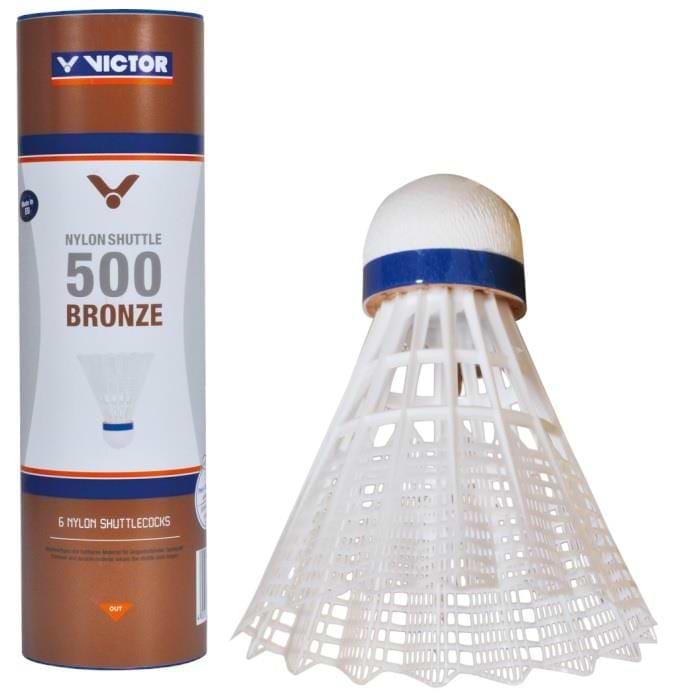 The package labeled "Victor 500 Nylon Badminton Shuttlecocks - White Medium - Set of 6" features a white shuttlecock with a blue band. The packaging displays the Victor brand and product information, highlighting that it includes six durable nylon shuttlecocks suitable for training sessions.