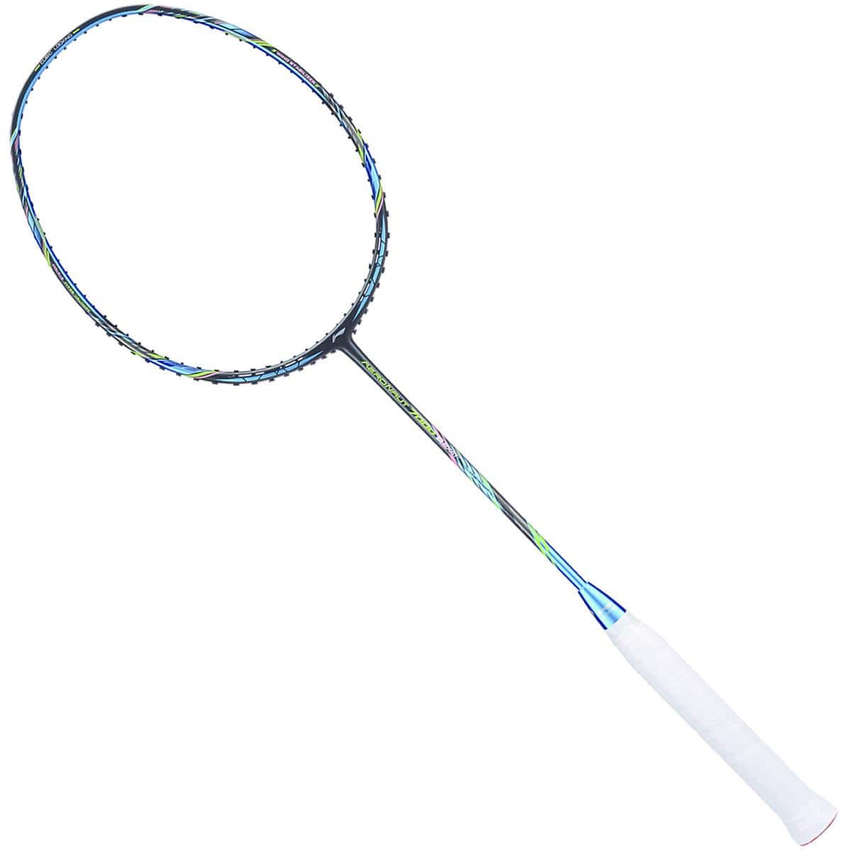 The Li-Ning Aeronaut 7000 Boost Badminton Racket, featuring an elegant black and blue frame with a white grip, is set against a simple white background. Experience unrivaled precision and control with this expertly crafted piece of sports equipment from Li-Ning.