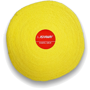 A yellow Ashaway Badminton Towel Grip Roll - 10m from the brand Ashaway features a red circular label in the center, displaying the text "Ashaway Towel Grip." The super-absorbent roll is neatly coiled, highlighting its texture and thickness.