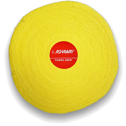 A yellow Ashaway Badminton Towel Grip Roll - 10m from the brand Ashaway features a red circular label in the center, displaying the text "Ashaway Towel Grip." The super-absorbent roll is neatly coiled, highlighting its texture and thickness.