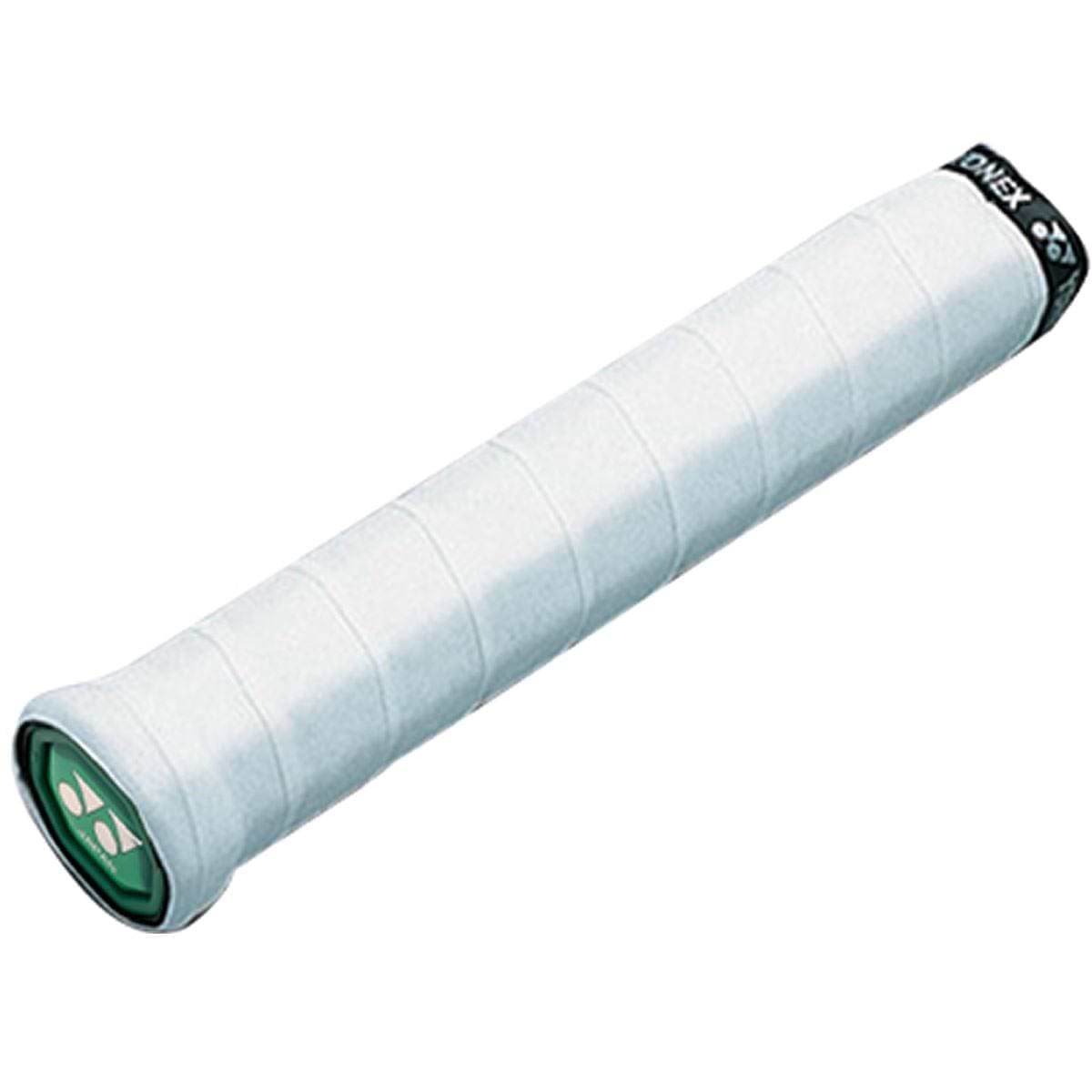 A close-up of a Yonex AC102EX Super Grap Badminton Overgrip handle for a racquet, highlighting its white textured surface engineered for excellent sweat absorption. The black cap at the end sports a green circle and logo, combining style and functionality in your game.