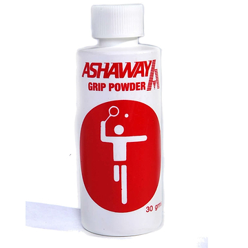 A bottle labeled "Ashaway Grip Powder" by Ashaway, featuring a red graphic of a stylized person holding a racket. It comes with a secure white cap and bold red text, offering 30 grams of grip-enhancing powder to effectively absorb sweat.