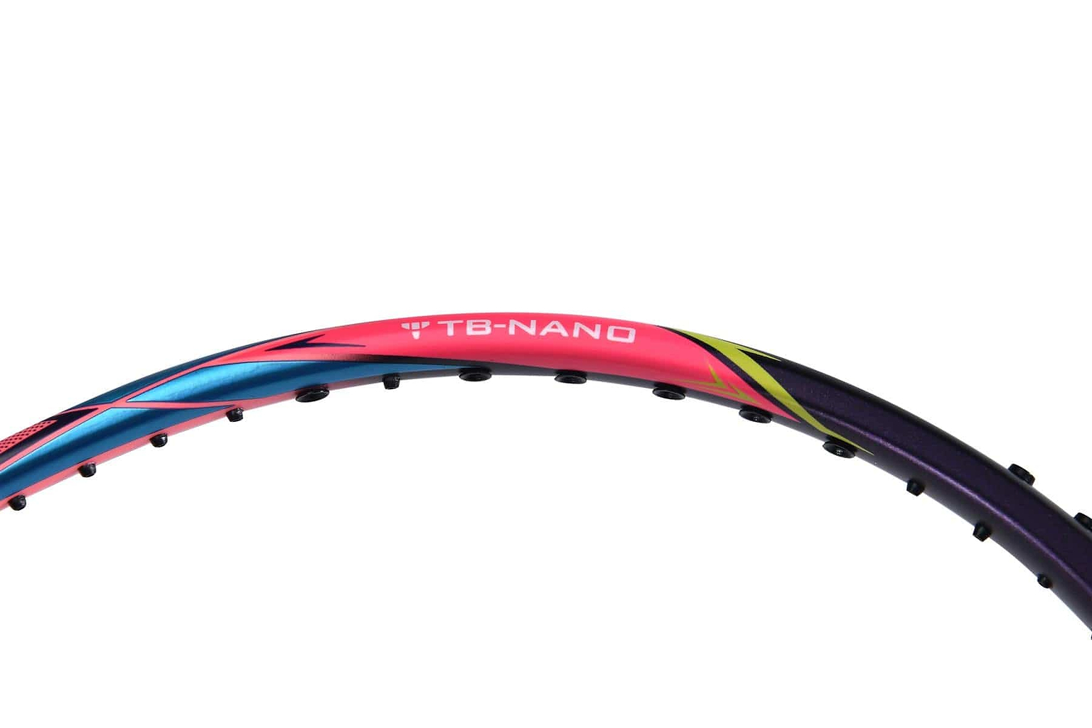 Close-up of a colorful Li-Ning Windstorm 74 badminton racket frame, prominently featuring the "TB-NANO" text that highlights its ultralight construction. The frame boasts vibrant colors of pink, blue, yellow, and black, though the strings are not visible.