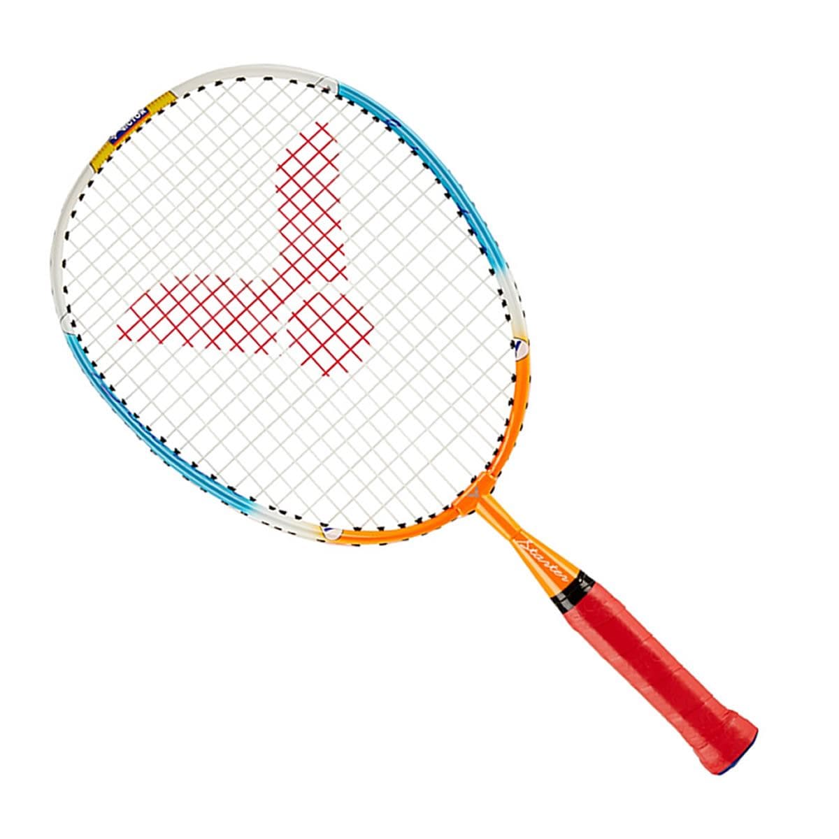 The Victor Starter Junior Badminton Racket by Victor features a red handle grip and a vibrant frame that is primarily white with blue and orange accents. Its drop-shaped head is expertly strung with durable lawntex stringing, showcasing a striking red pattern at the center.