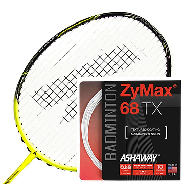 Yellow badminton racket head with black strings, paired with a pack of Ashaway Zymax 68 TX Badminton String White, which employs advanced ZyWeave string technology. The black string pack displays red and white text, highlighting a gauge of 0.68 mm and a length of 10 meters.