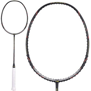 A close-up of the Li-Ning 3D Calibar 001 Combat Badminton Racket in black showcases a design with red and silver accents. The racket features a white grip, an oval-shaped head with visible string tension, and is enhanced by 3D Calibar Technology for superior performance.