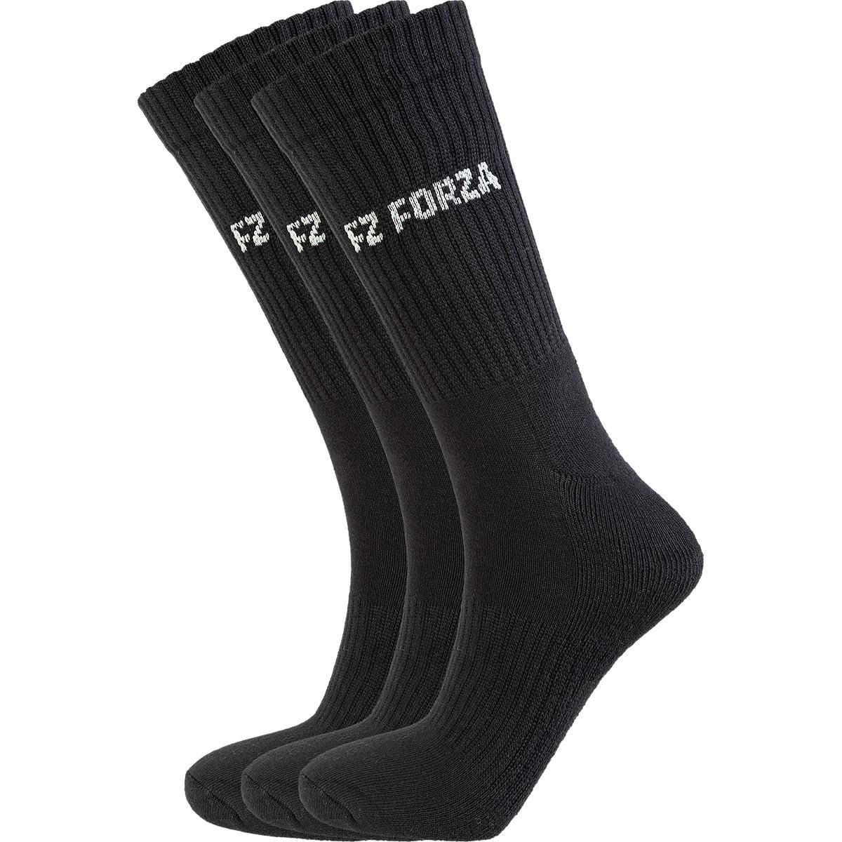 The FZ Forza Comfort Long Black Badminton Socks - 3 Pack delivers superior comfort with its stylish design, featuring the word "FORZA" in white on the side. These premium socks by FZ Forza enhance both style and support during your game.