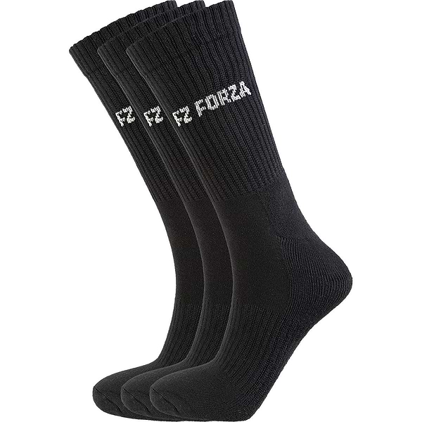 The FZ Forza Comfort Long Black Badminton Socks - 3 Pack delivers superior comfort with its stylish design, featuring the word "FORZA" in white on the side. These premium socks by FZ Forza enhance both style and support during your game.